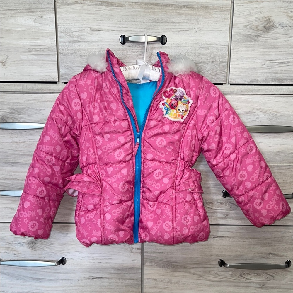 Shopkins Pink Girls Puffer Jacket with Fur Trim and Ruffle Waist Size 6